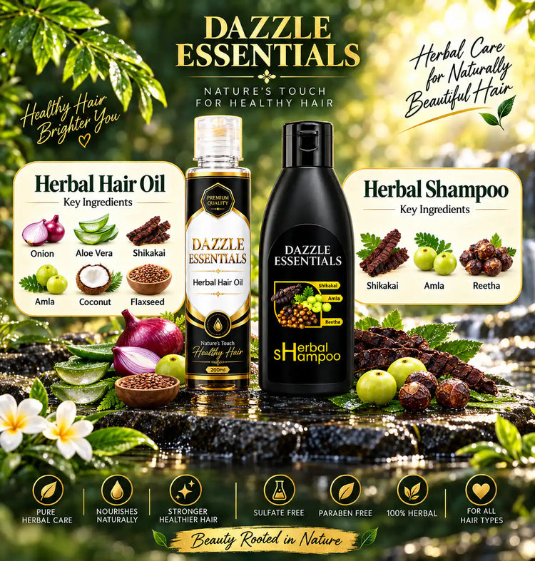 Dazzle Essentials herbal hair oil and shampoo with natural ingredients like onion and amla.
