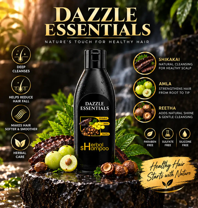 Dazzle Essentials herbal shampoo with Shikakai, Amla, and Reetha for hair fall control.