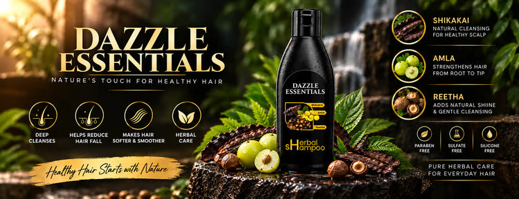 Dazzle Essentials Herbal Shampoo bottle with Shikakai, Amla, and Reetha natural ingredients.