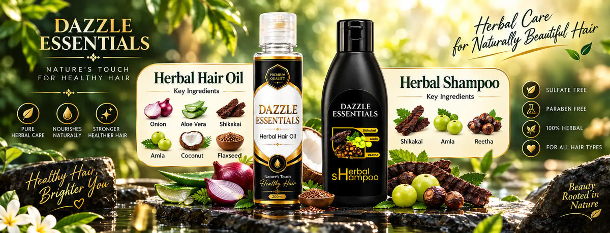 Dazzle Essentials herbal hair oil and shampoo with onion, amla, and shikakai ingredients.